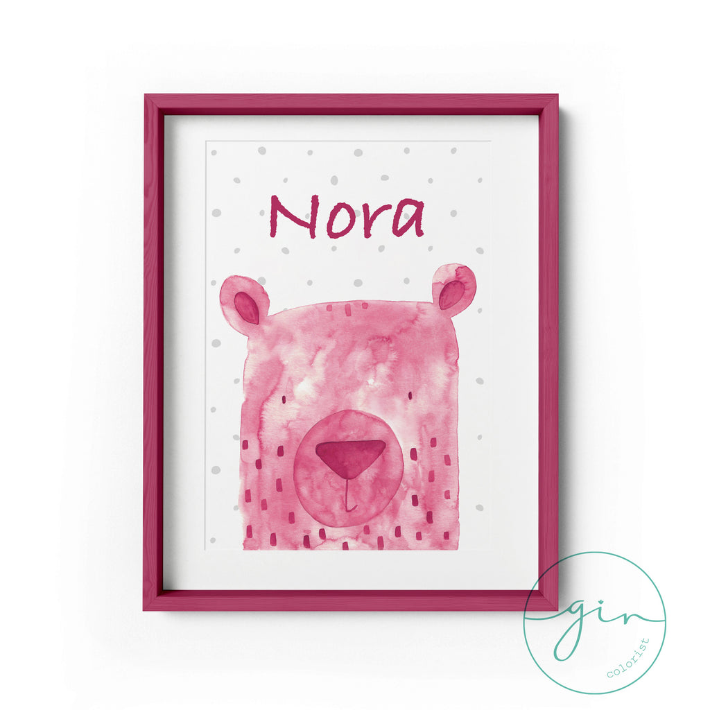 Personalized Magenta Watercolor Bear Print - Romantic Nursery Art