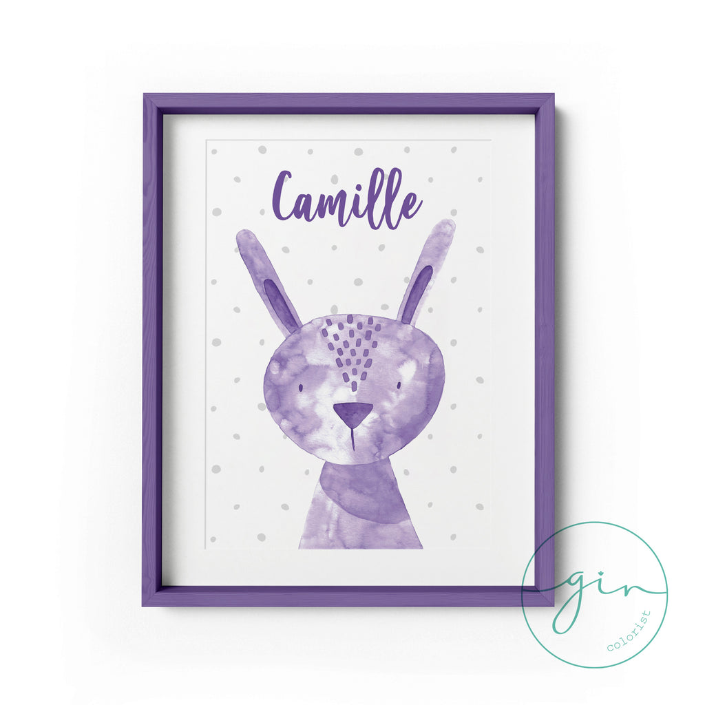 Personalized Purple Watercolor Bunny Print - Magical Nursery Wall Art