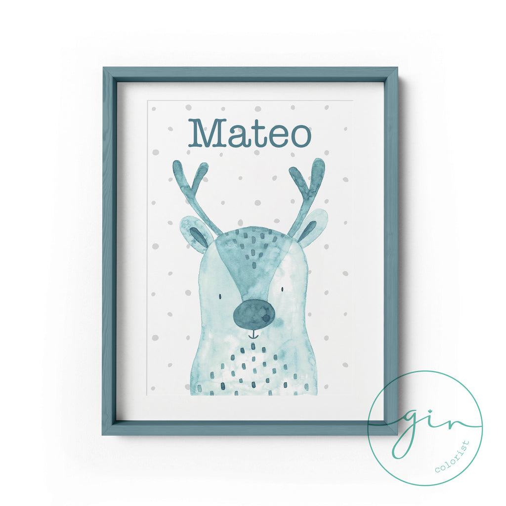 Personalized Watercolor Reindeer Print - Cozy Nursery Wall Art