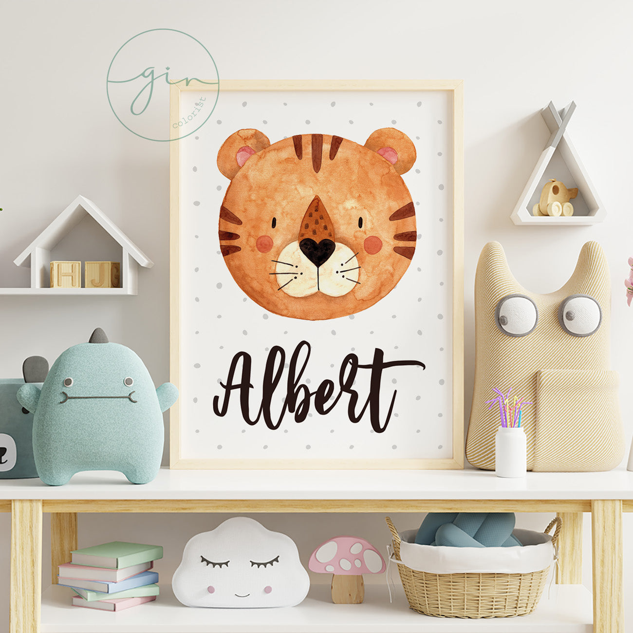 Lámina infantil tigre en acuarela, imagen final de producto decorativo