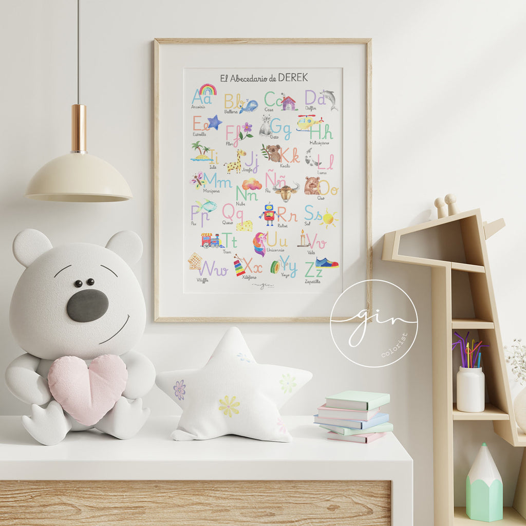 abecedario ilustrado acuarela nombre niños habitación infantil
