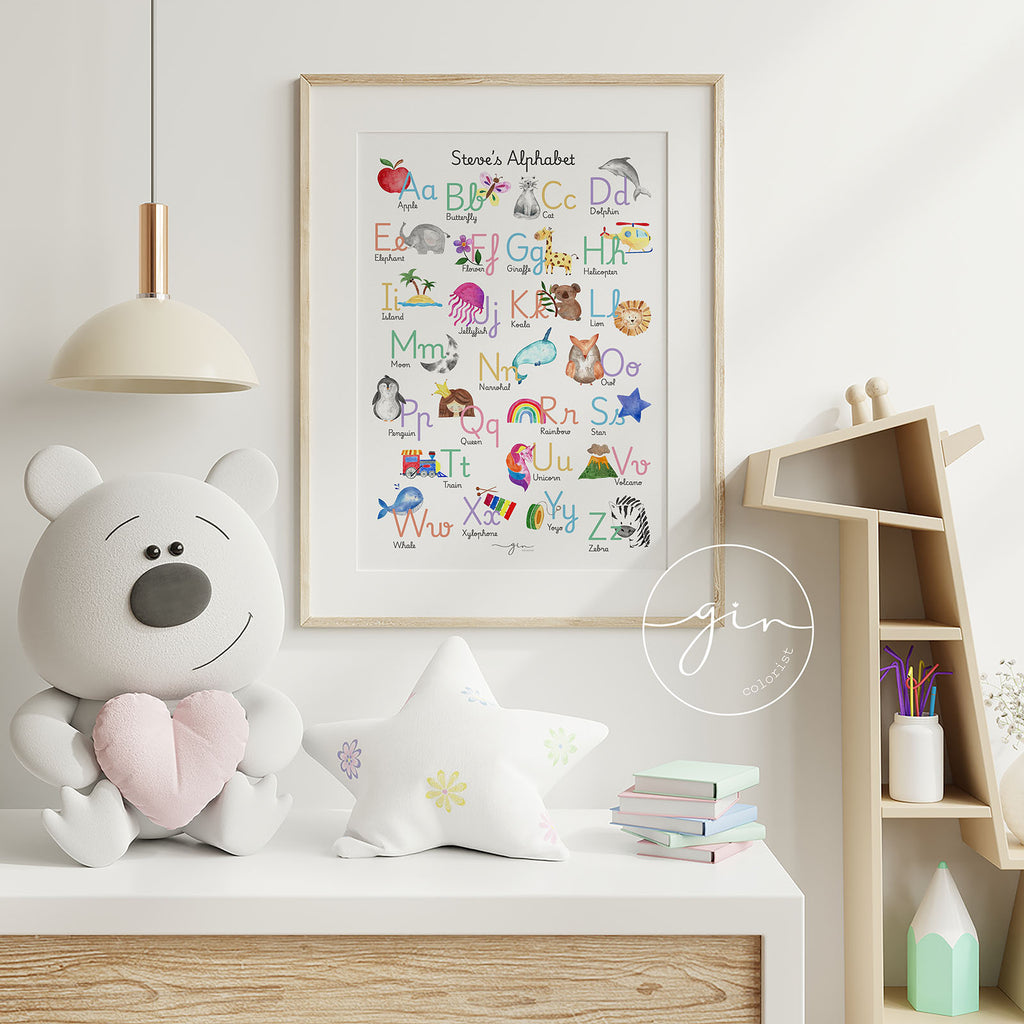 Lámina abecedario infantil personalizado inglés acuarela 26 ilustraciones nombre niño