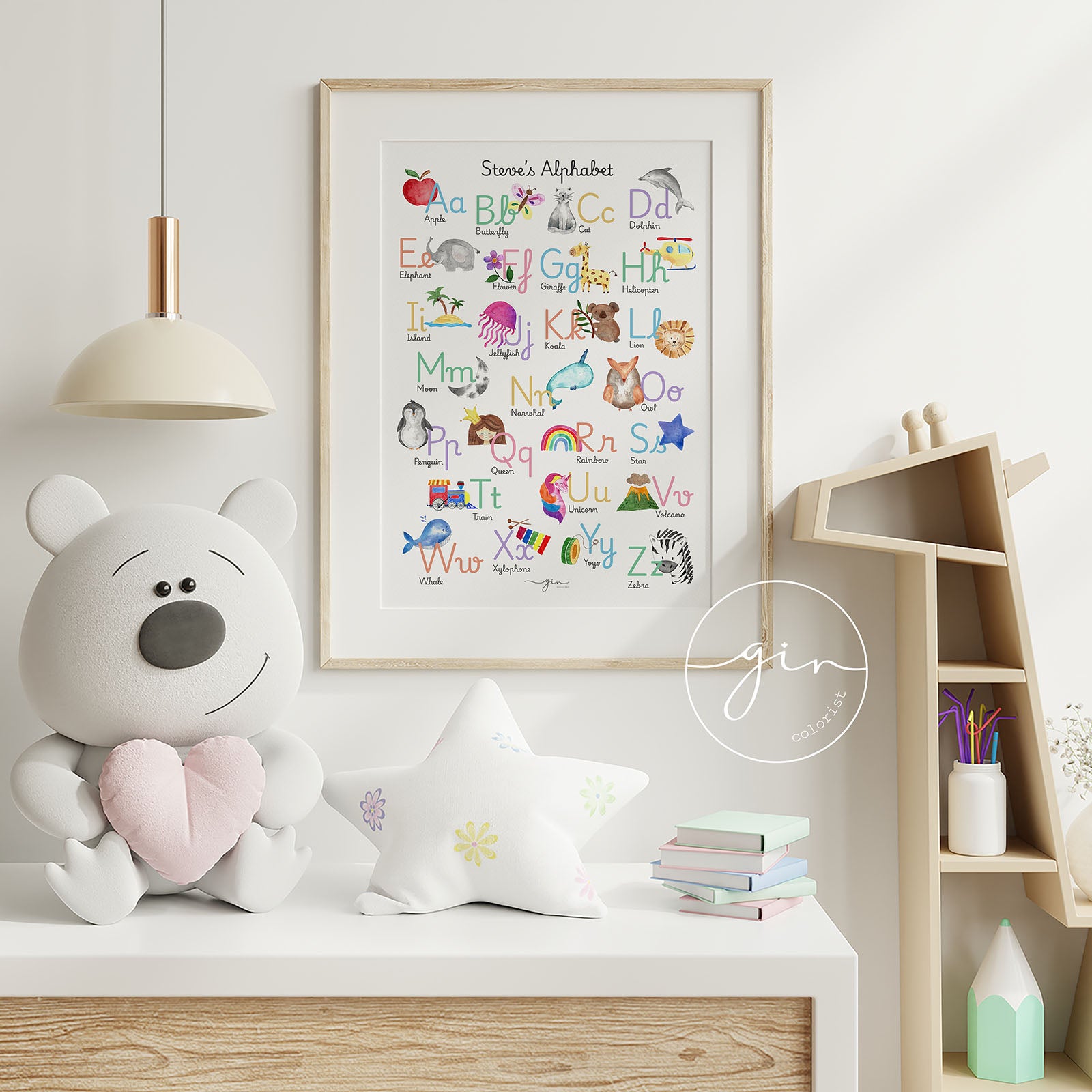 Lámina abecedario infantil personalizado inglés acuarela 26 ilustraciones nombre niño