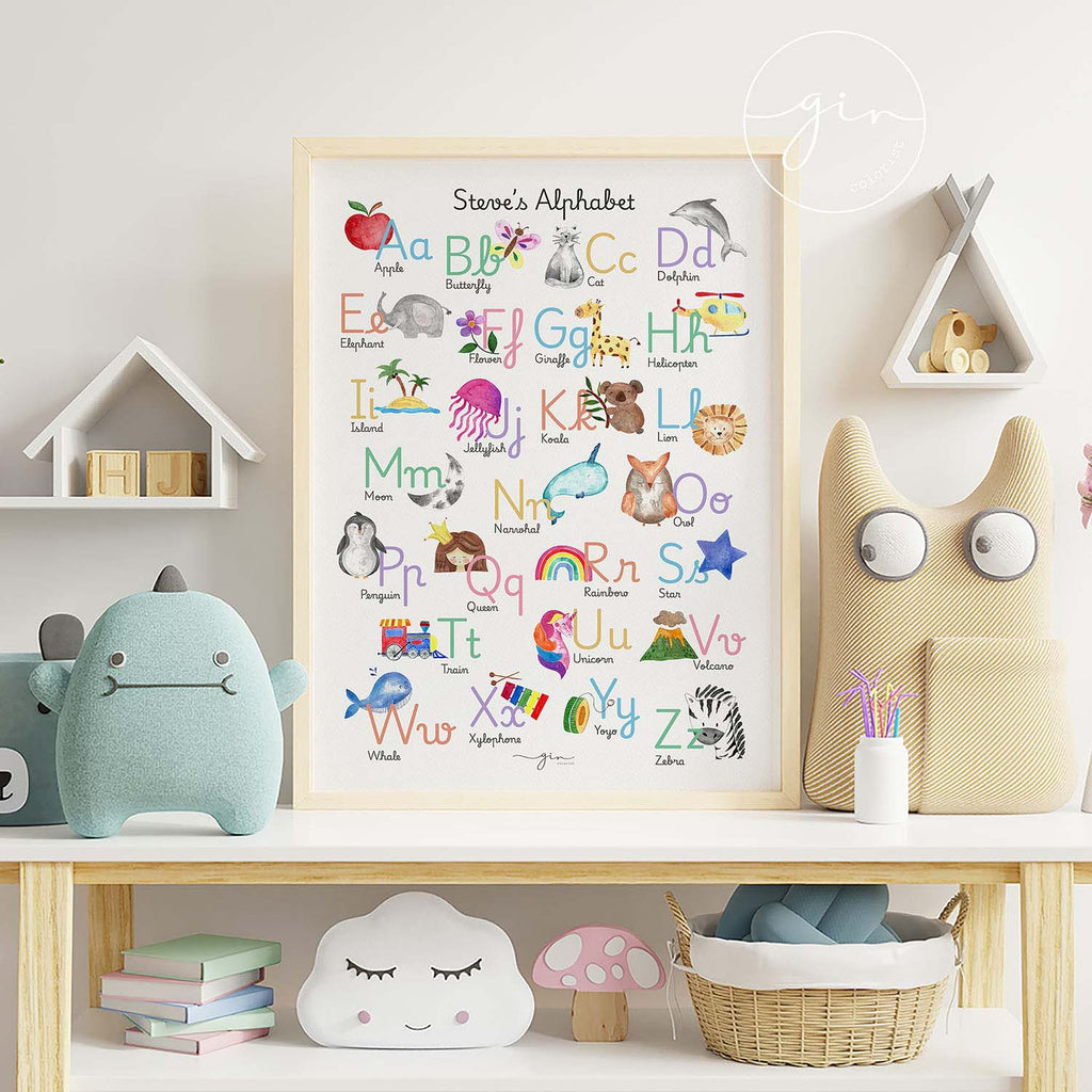Personalized English alphabet watercolor print for kids 26 illustrations custom name GinColorist