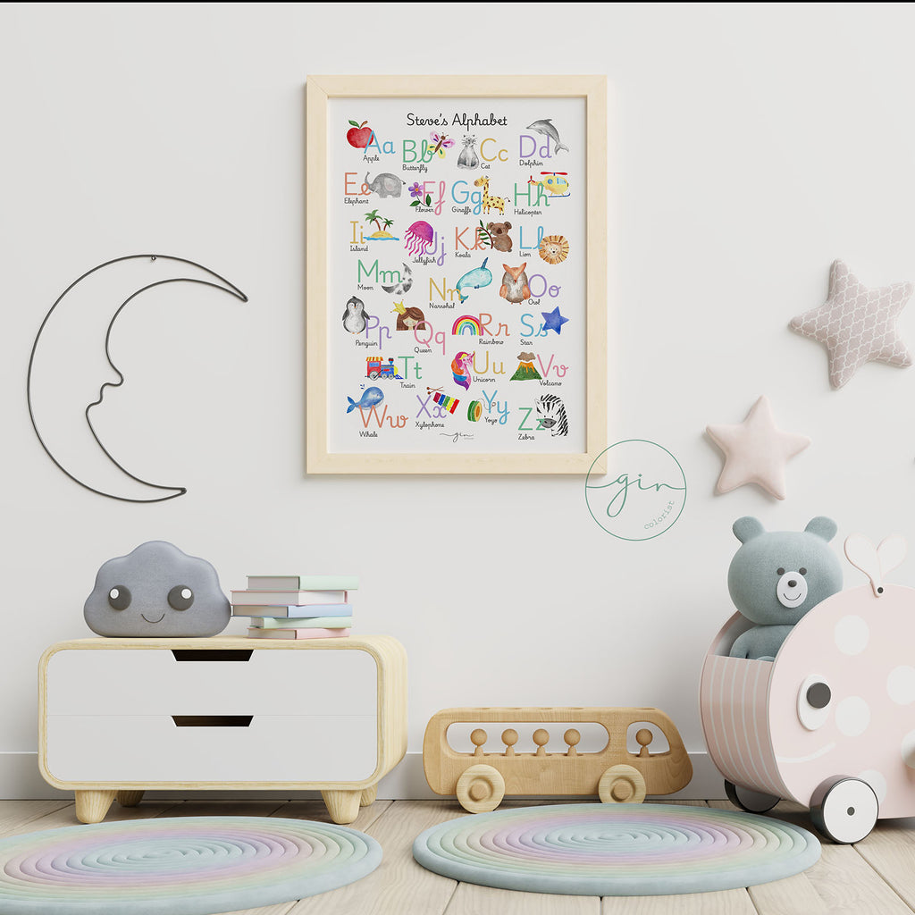 Detail personalized English alphabet watercolor print hand painted illustrations GinColorist