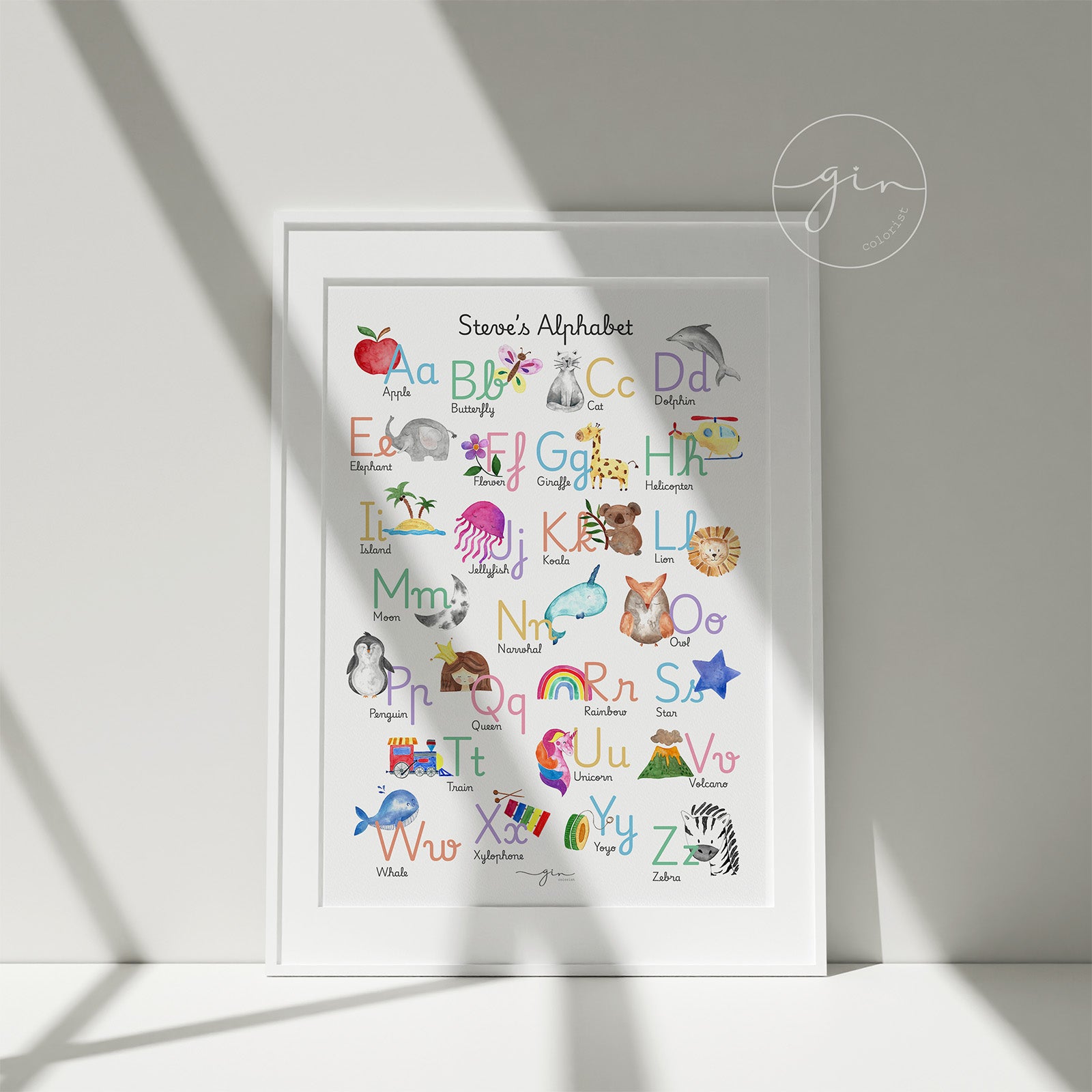 Personalized English alphabet print framed children room nursery decoration GinColorist
