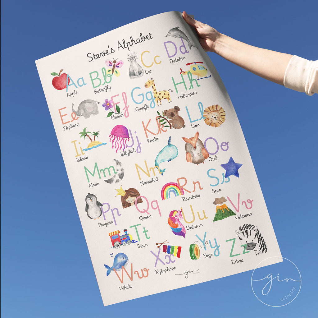 Educational English alphabet watercolor print custom name birthday gift for kids GinColorist