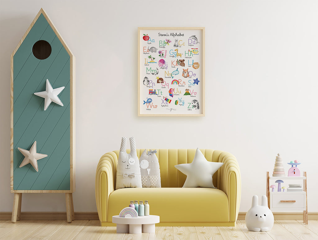 Detail English alphabet watercolor letters apple butterfly cat dolphin illustrations GinColorist