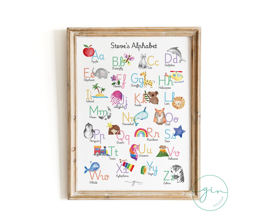 Personalized English alphabet watercolor print gift baby shower christening GinColorist