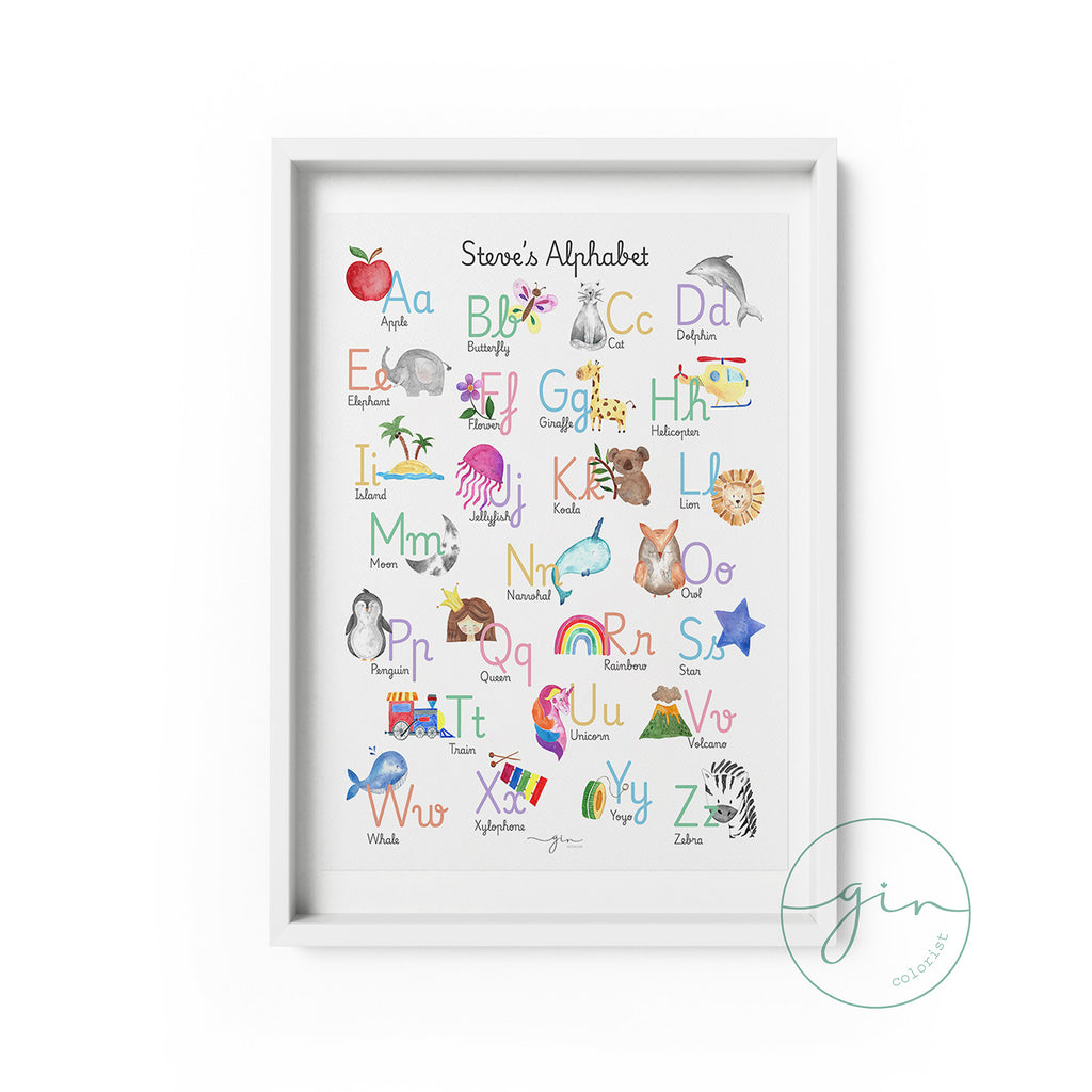 Personalized English alphabet watercolor print unique hand painted kids wall art GinColorist