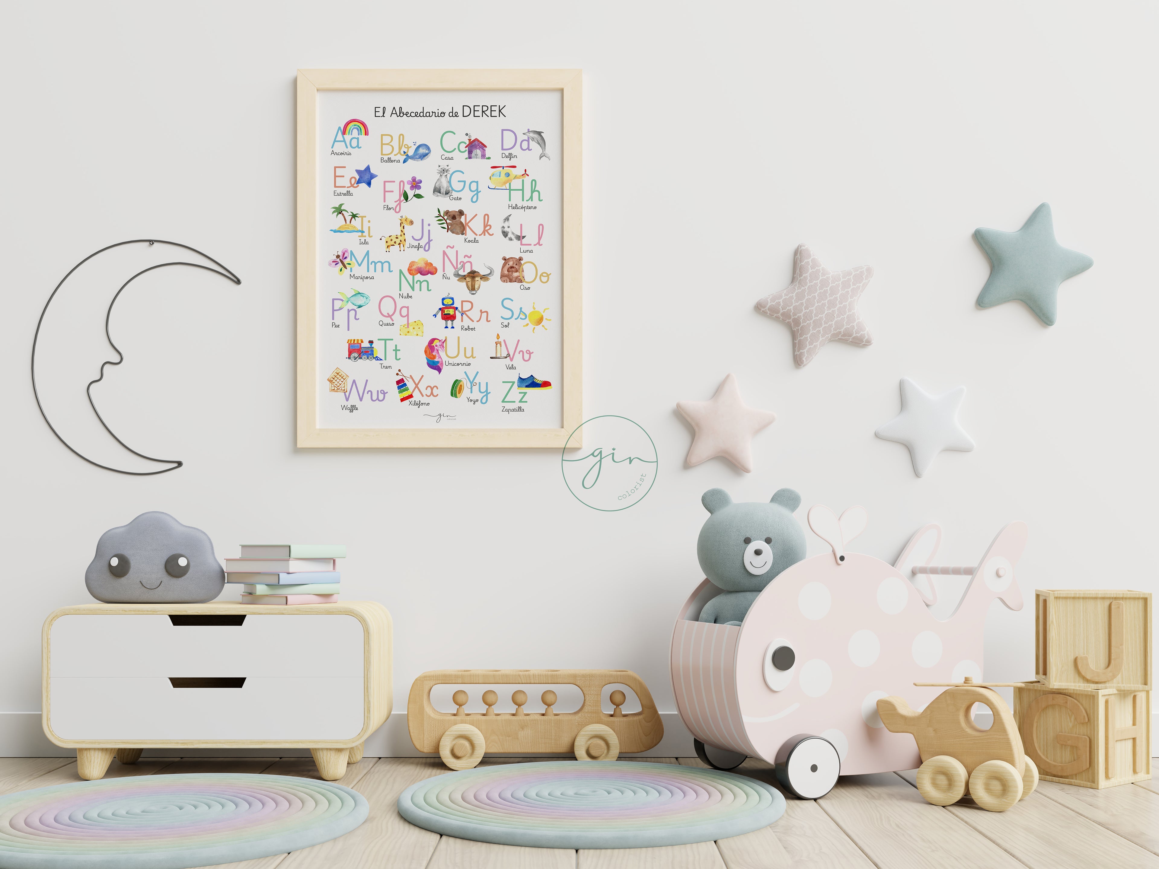 lámina abecedario infantil personalizada acuarela nombre niño
