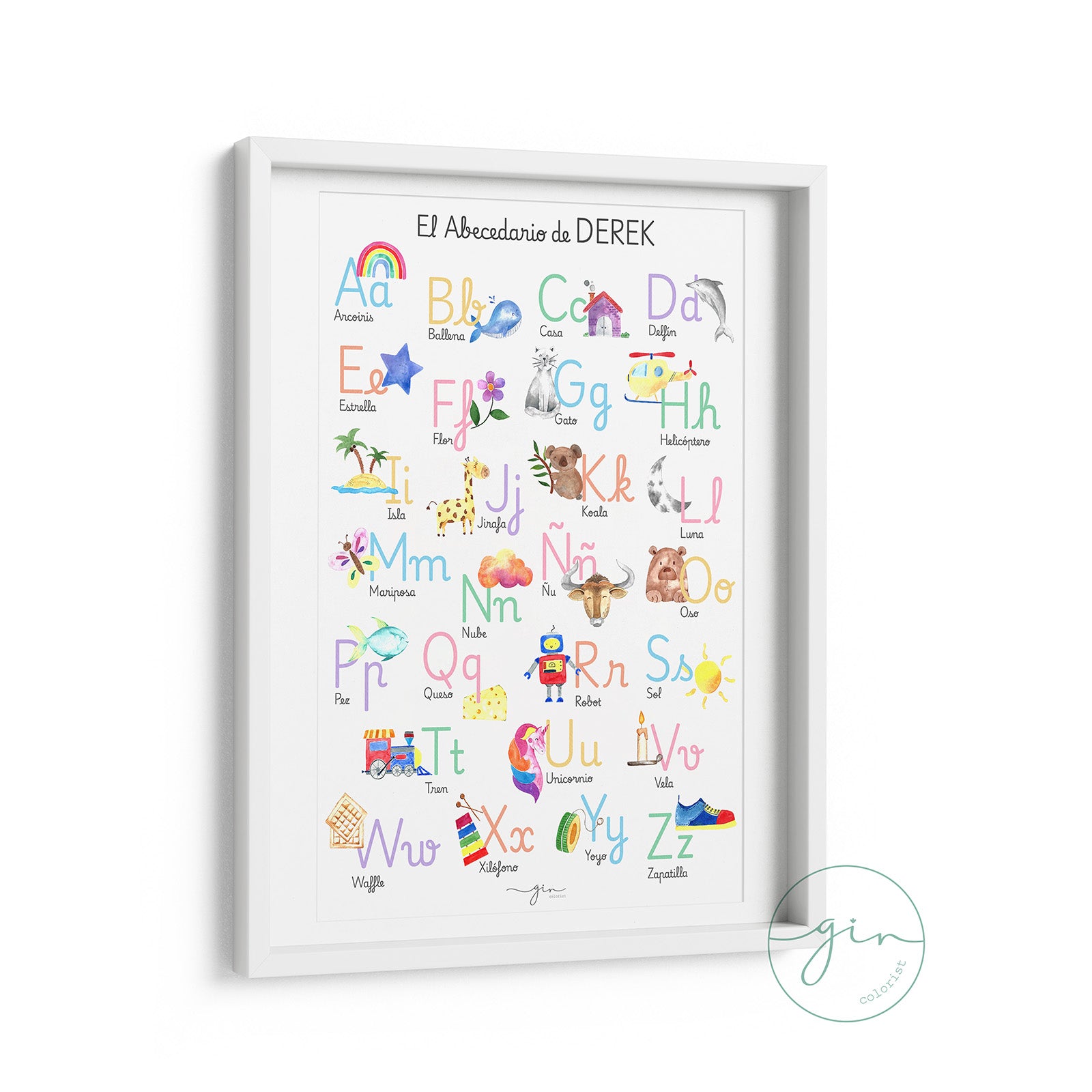 lámina educativa abecedario acuarela personalizada regalo bebé