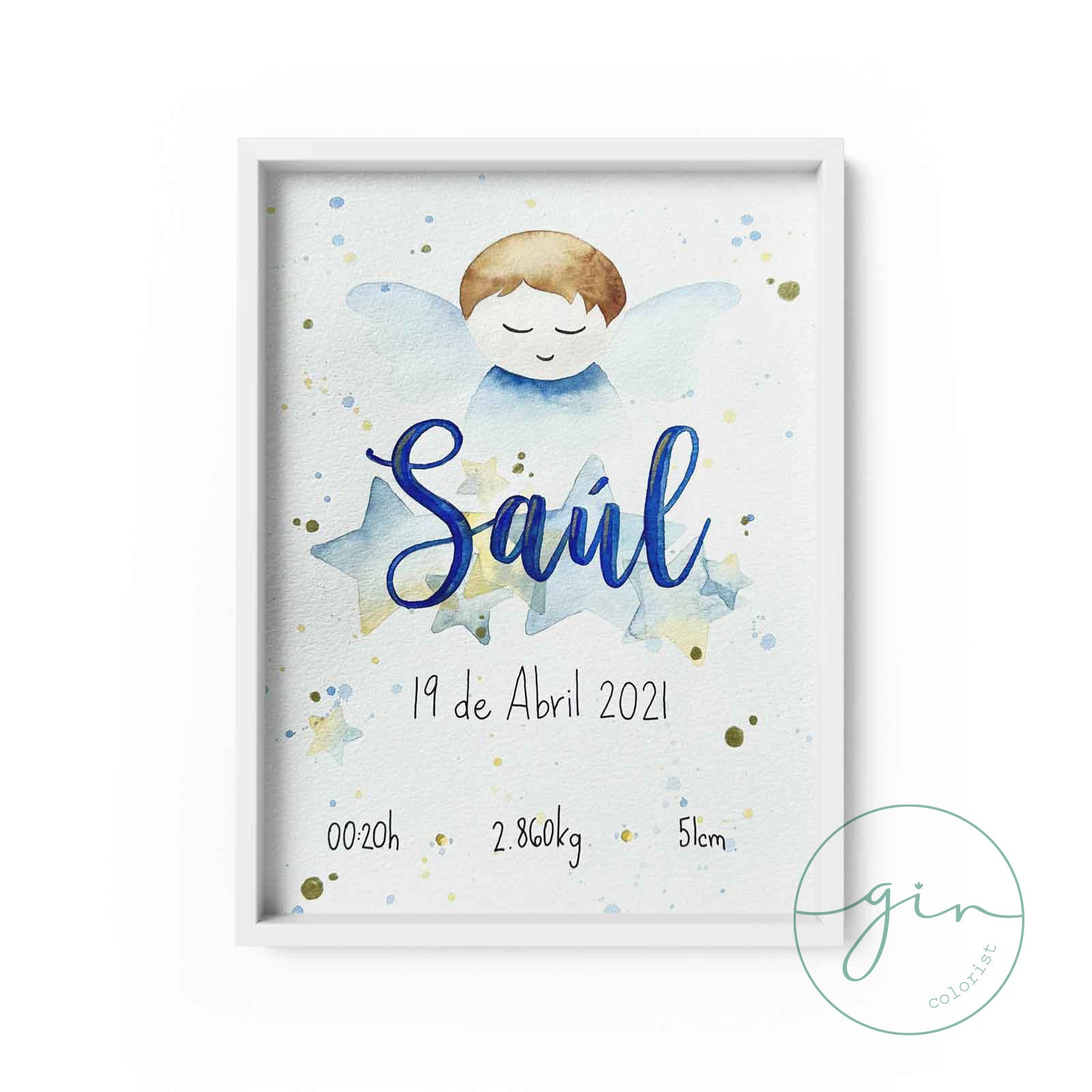 Lámina de nacimiento personalizada frente motivo ángel acuarela azul. Gincolorist cuadro decorativo bebé datos personalizables.