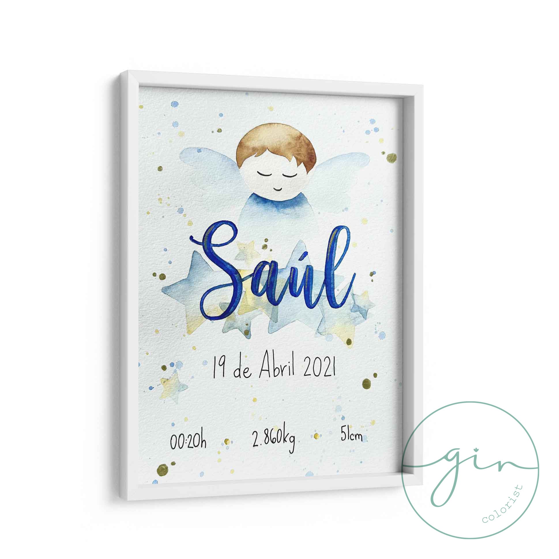 lámina de nacimiento personalizada ángel con nombre recién nacido