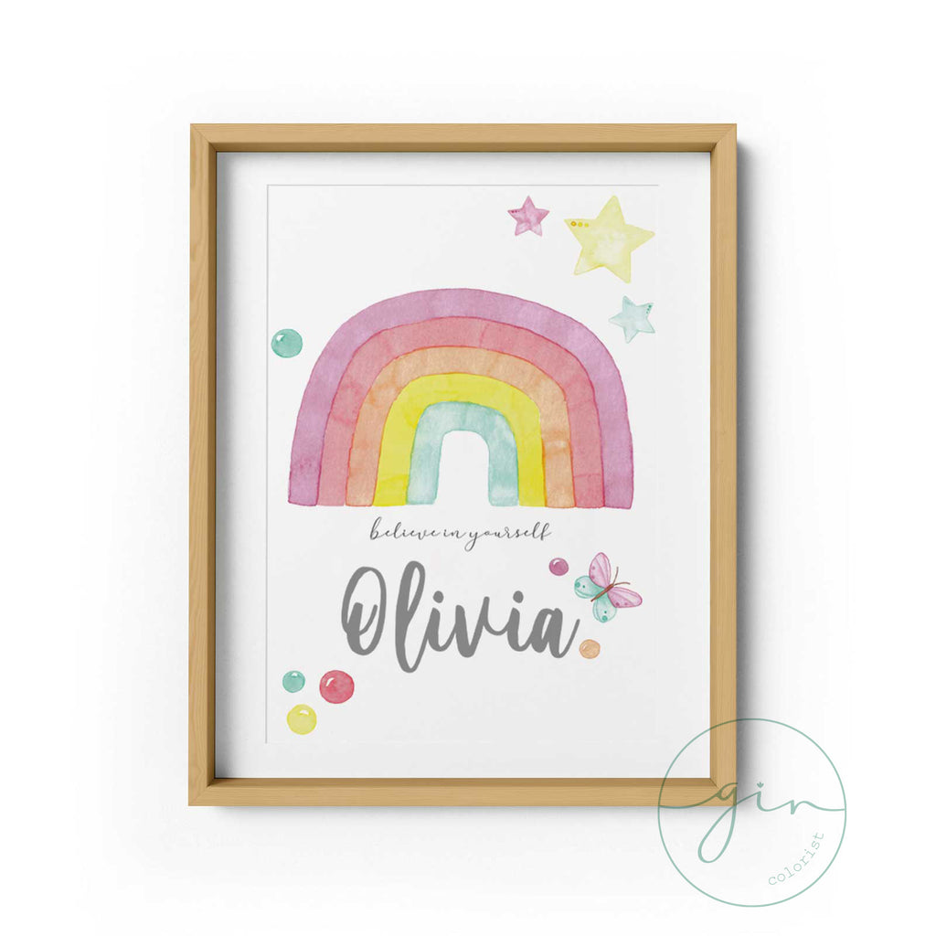 Lámina personalizada arcoiris acuarela regalo cumpleaños baby shower niña GinColorist