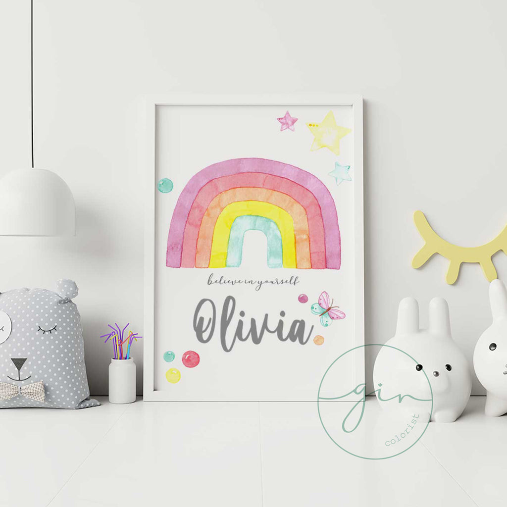 Lámina infantil personalizada arcoiris acuarela rosa nombre niña decoración habitación