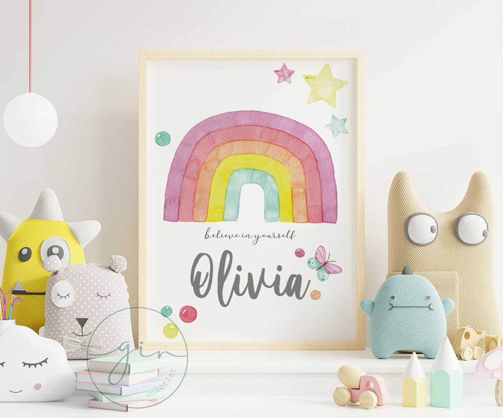 Lámina infantil arcoiris acuarela enmarcada habitación niña decoración pastel GinColorist