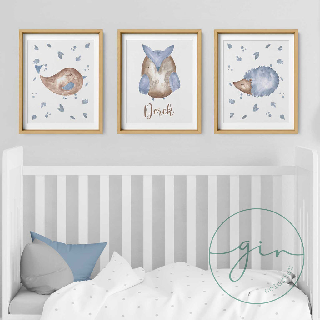 Set of 3 Personalized Watercolor Prints: Blue Woodland Animals (Bird, Owl, Hedgehog)
