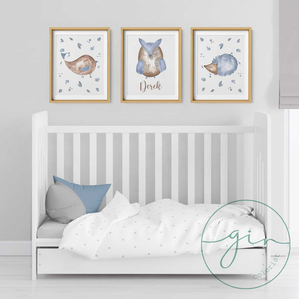 Set of 3 Personalized Watercolor Prints: Blue Woodland Animals (Bird, Owl, Hedgehog)