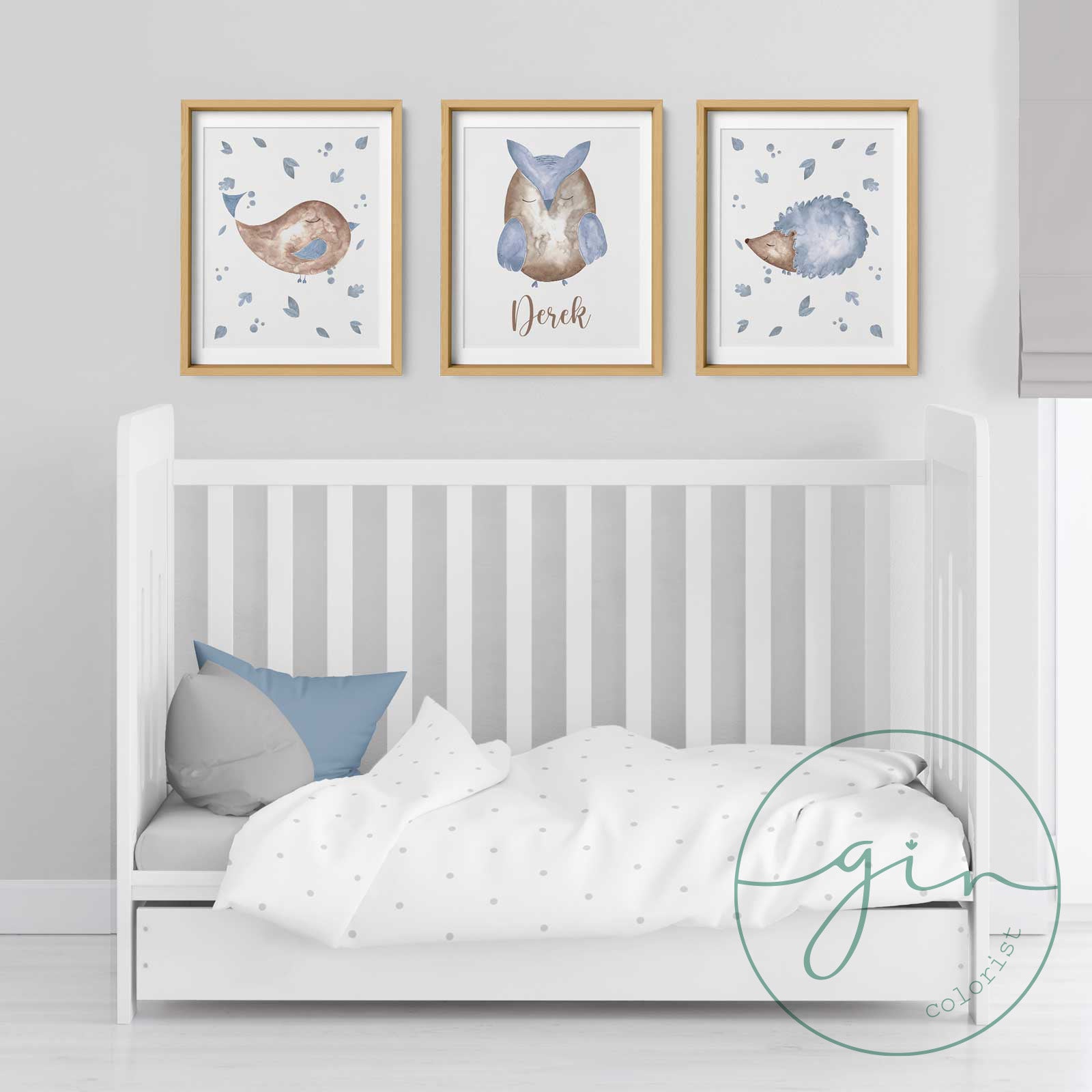 Set of 3 Personalized Watercolor Prints: Blue Woodland Animals (Bird, Owl, Hedgehog)