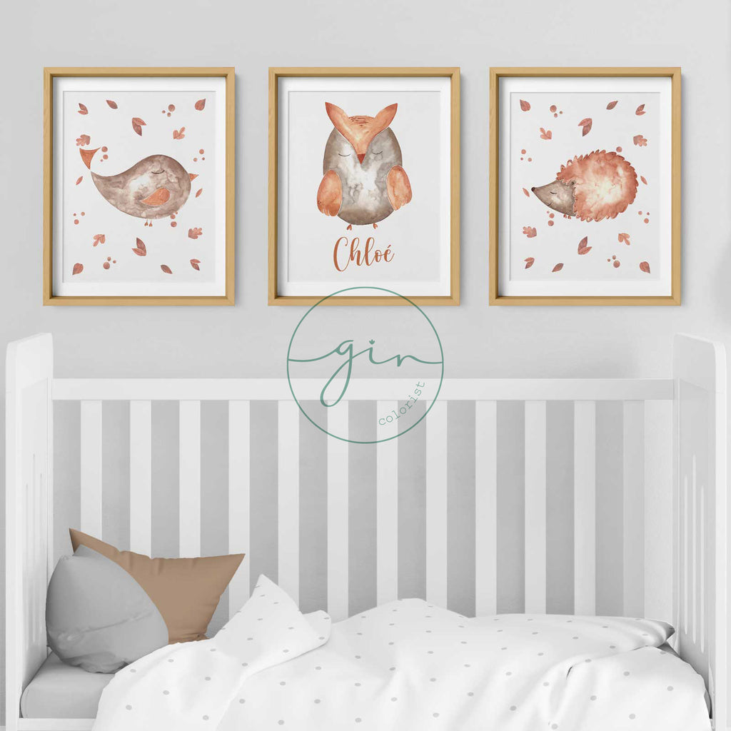 Set of 3 Personalized Watercolor Prints: Orange Woodland Animals (Owl, Bird, Hedgehog)