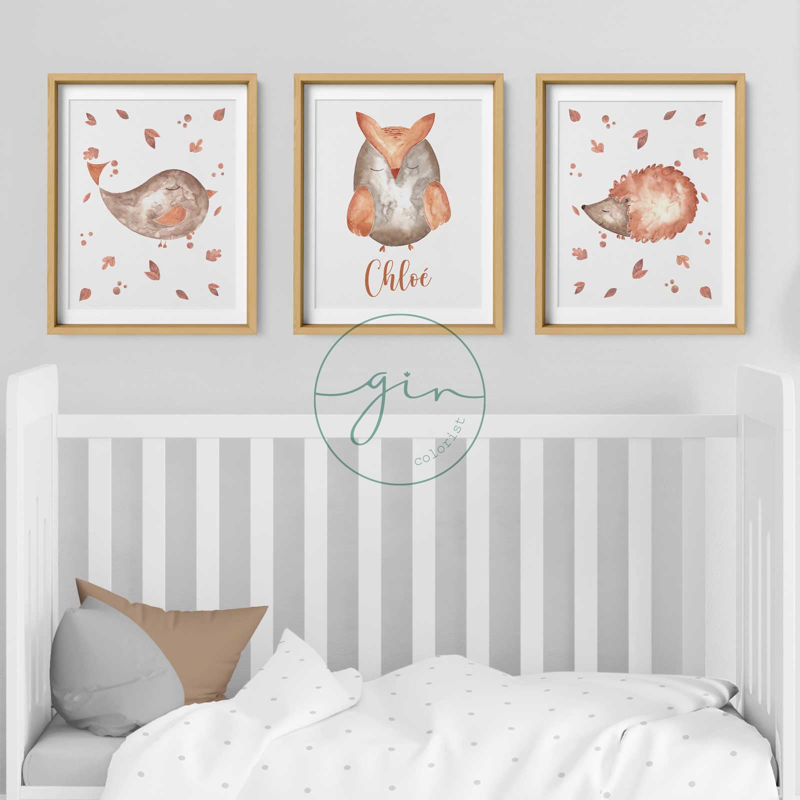 Set of 3 Personalized Watercolor Prints: Orange Woodland Animals (Owl, Bird, Hedgehog)