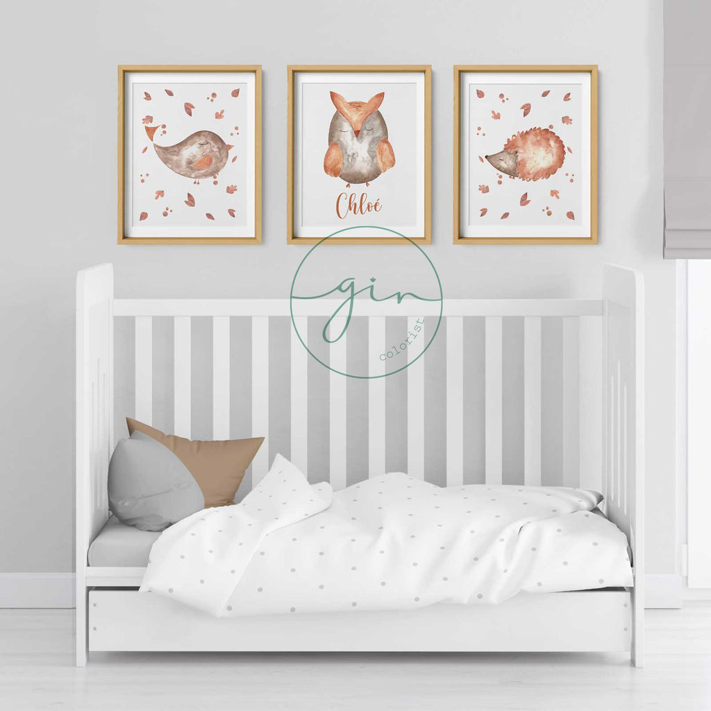 Set of 3 Personalized Watercolor Prints: Orange Woodland Animals (Owl, Bird, Hedgehog)