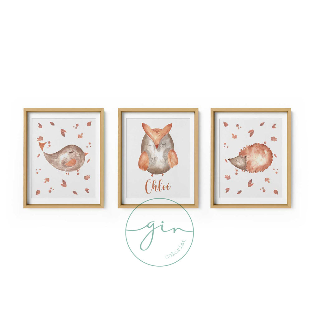 Set of 3 Personalized Watercolor Prints: Orange Woodland Animals (Owl, Bird, Hedgehog)