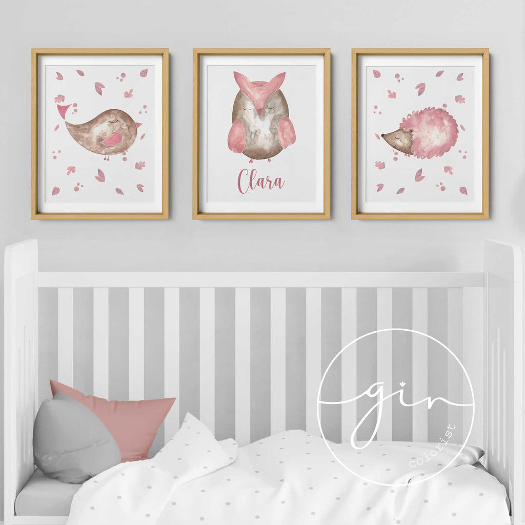 Set of 3 Personalized Watercolor Prints: Pink Woodland Animals (Bird, Owl, Hedgehog)