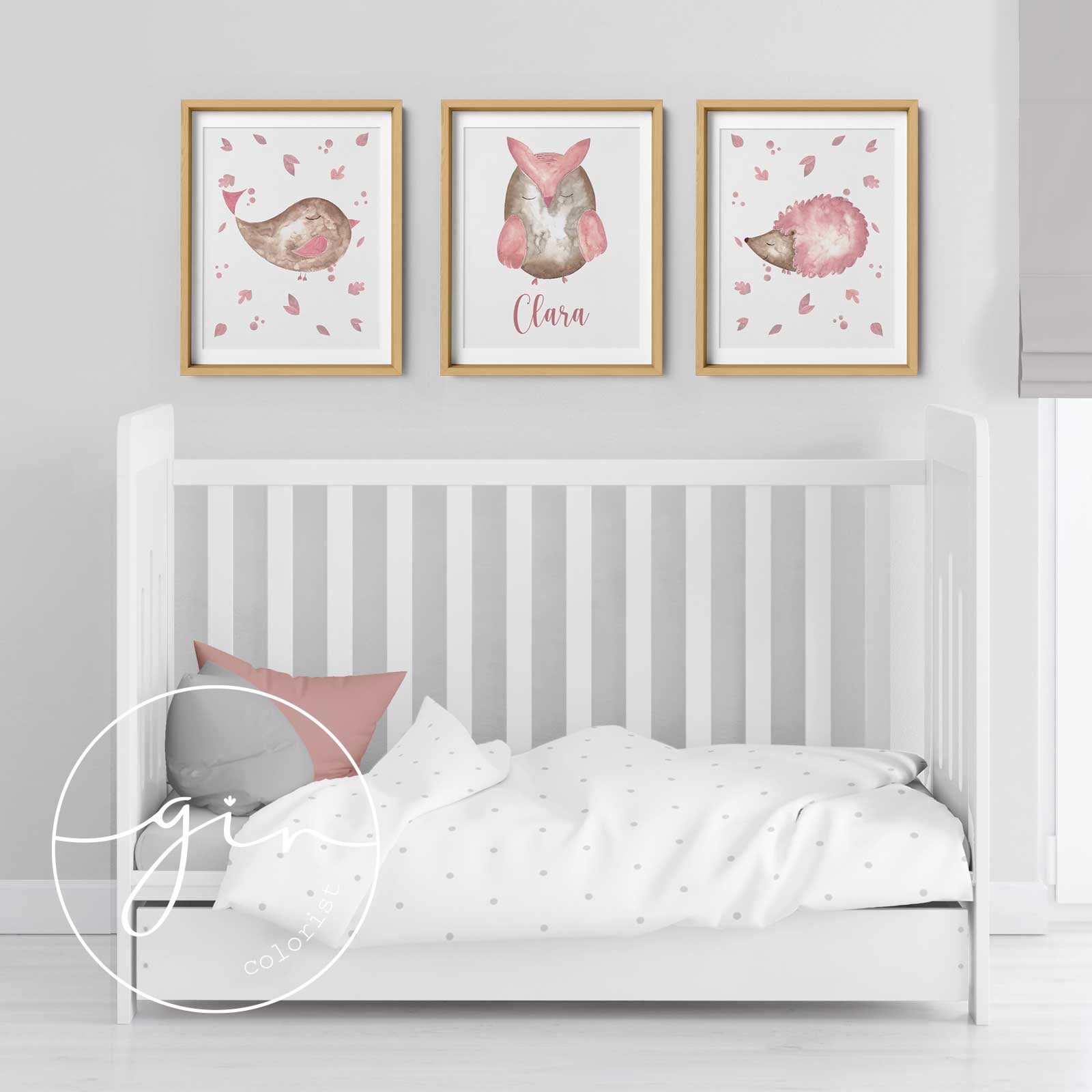 Set of 3 Personalized Watercolor Prints: Pink Woodland Animals (Bird, Owl, Hedgehog)