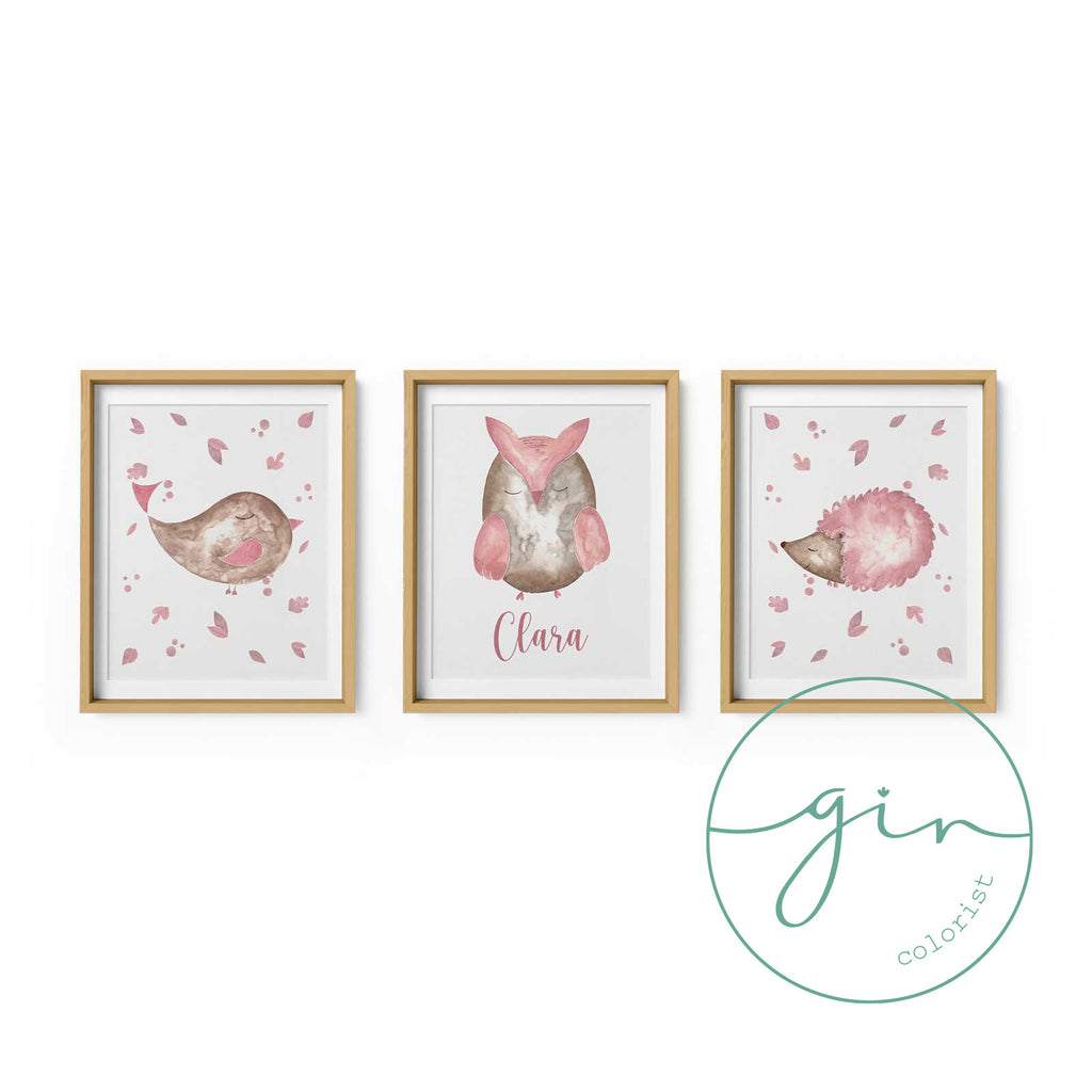 Set of 3 Personalized Watercolor Prints: Pink Woodland Animals (Bird, Owl, Hedgehog)