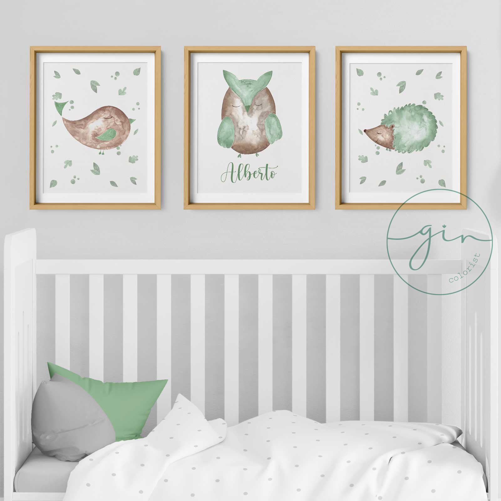 Personalised watercolour owl print in sage green and brown tones for kids room decor