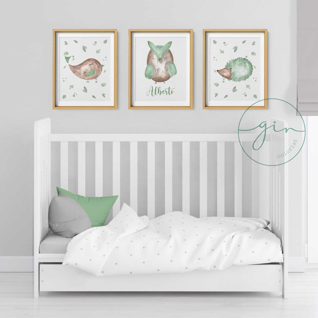 Watercolour bird print in green and brown tones for nursery wall art