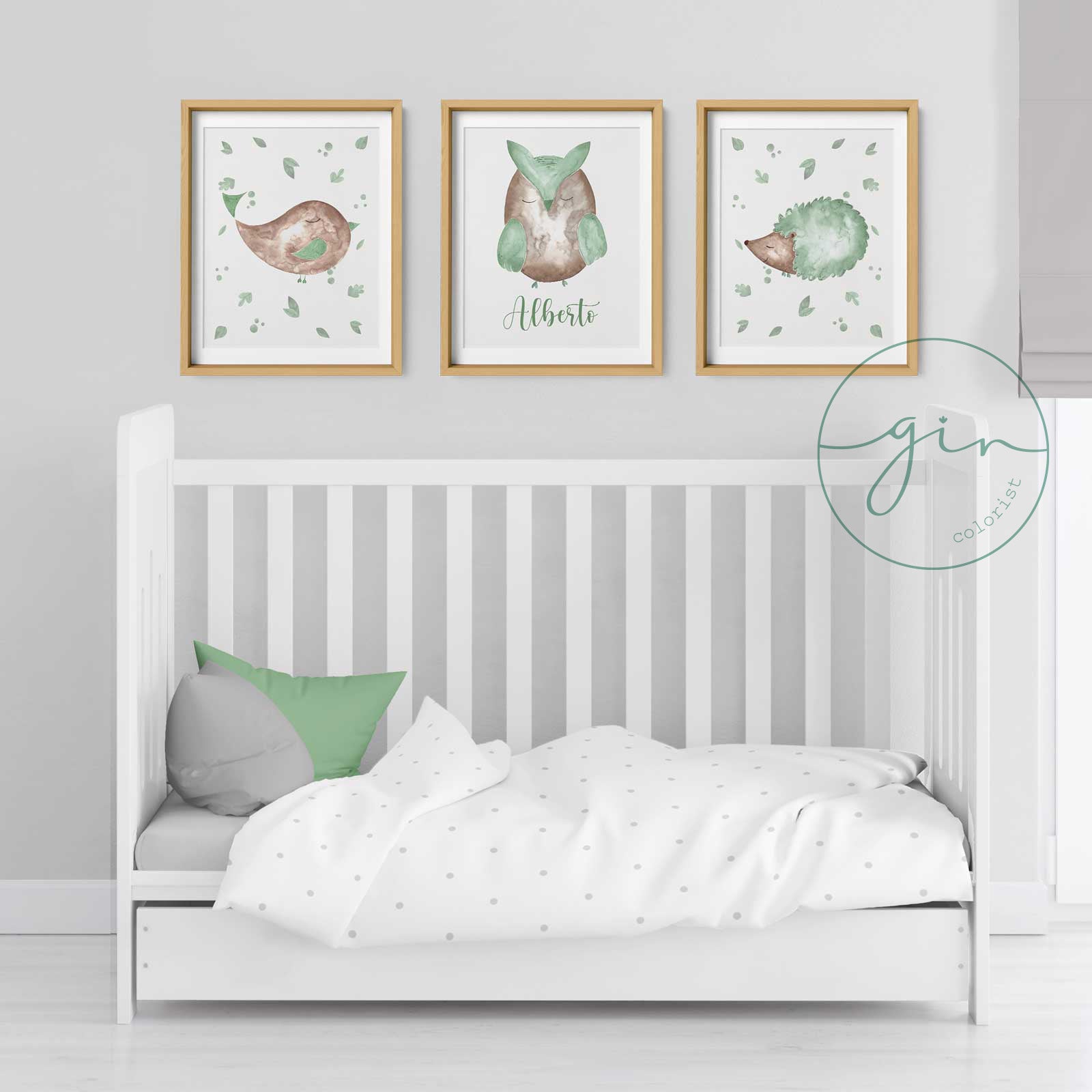 Watercolour bird print in green and brown tones for nursery wall art