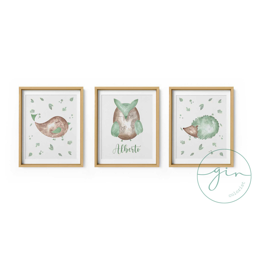 Watercolour hedgehog print in sage green tones for children's bedroom decoration