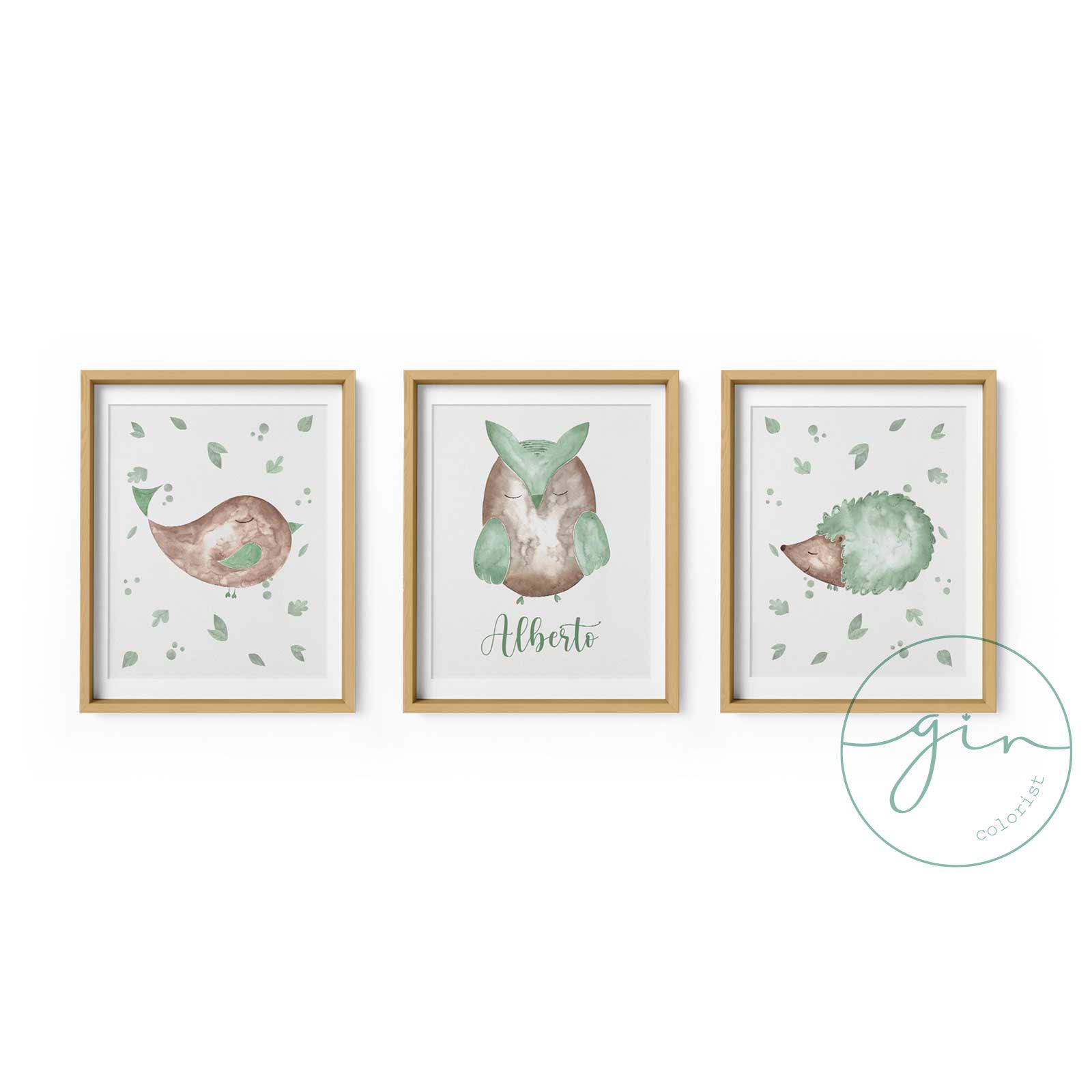 Watercolour hedgehog print in sage green tones for children's bedroom decoration