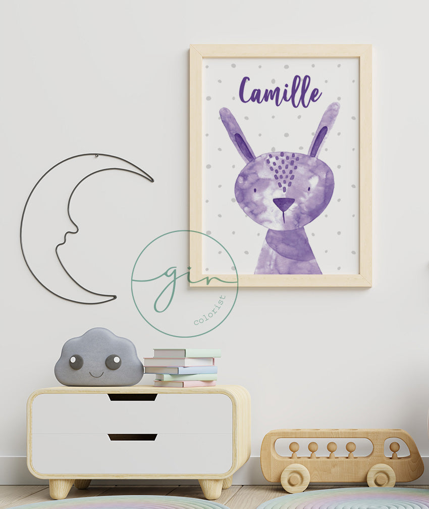 Personalized Purple Watercolor Bunny Print - Magical Nursery Wall Art