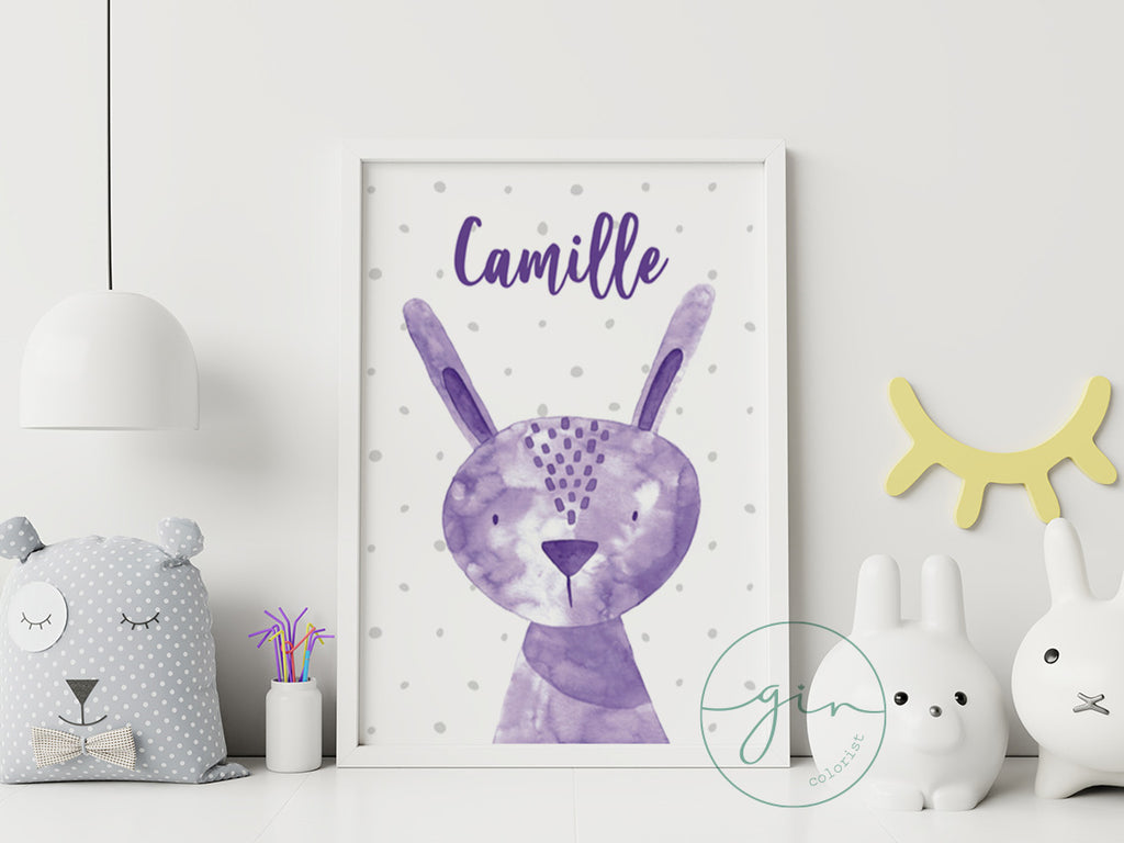 Personalized Purple Watercolor Bunny Print - Magical Nursery Wall Art