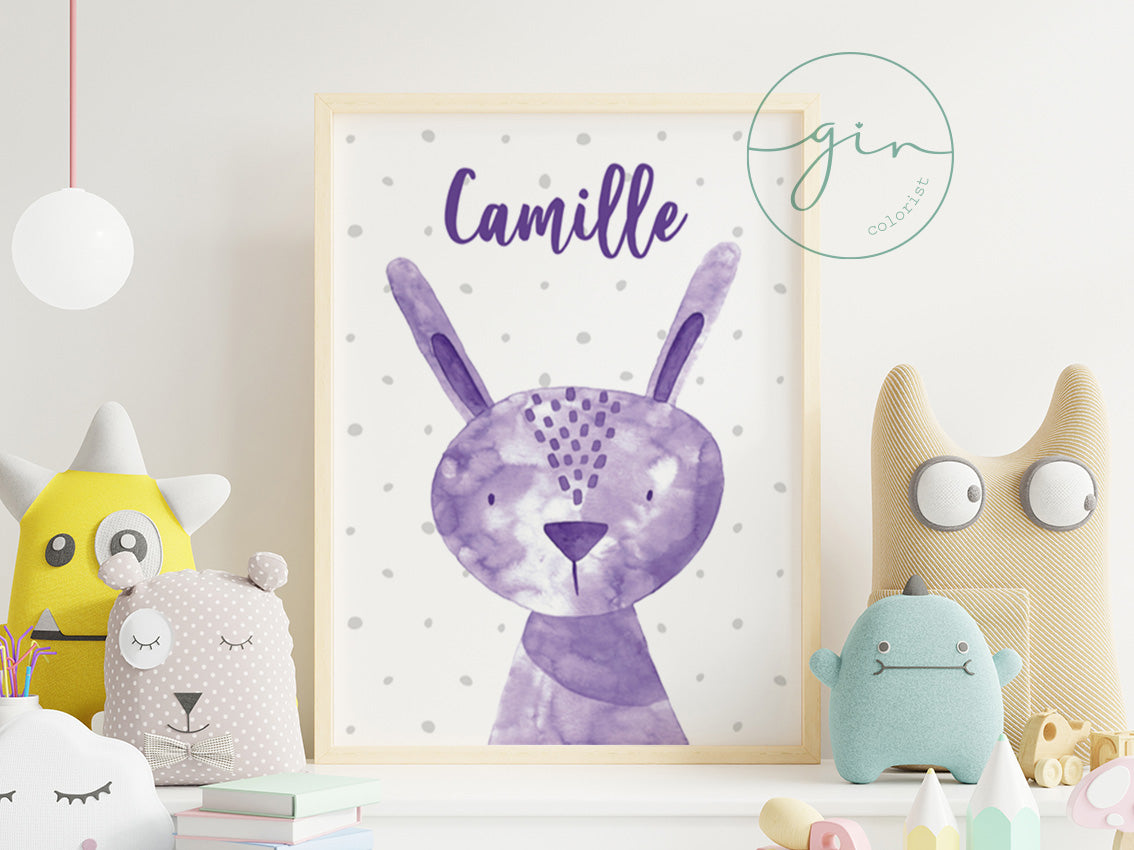 Personalized Purple Watercolor Bunny Print - Magical Nursery Wall Art