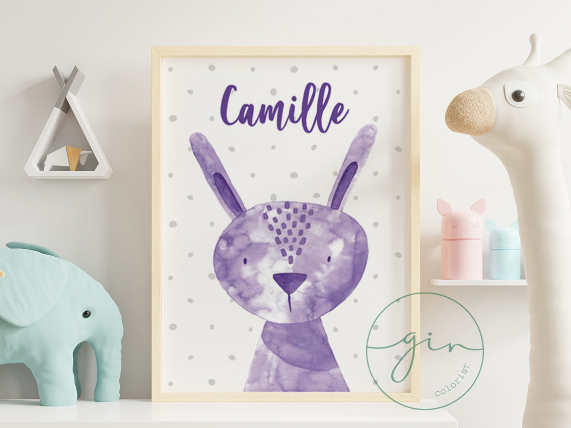 Personalized Purple Watercolor Bunny Print - Magical Nursery Wall Art
