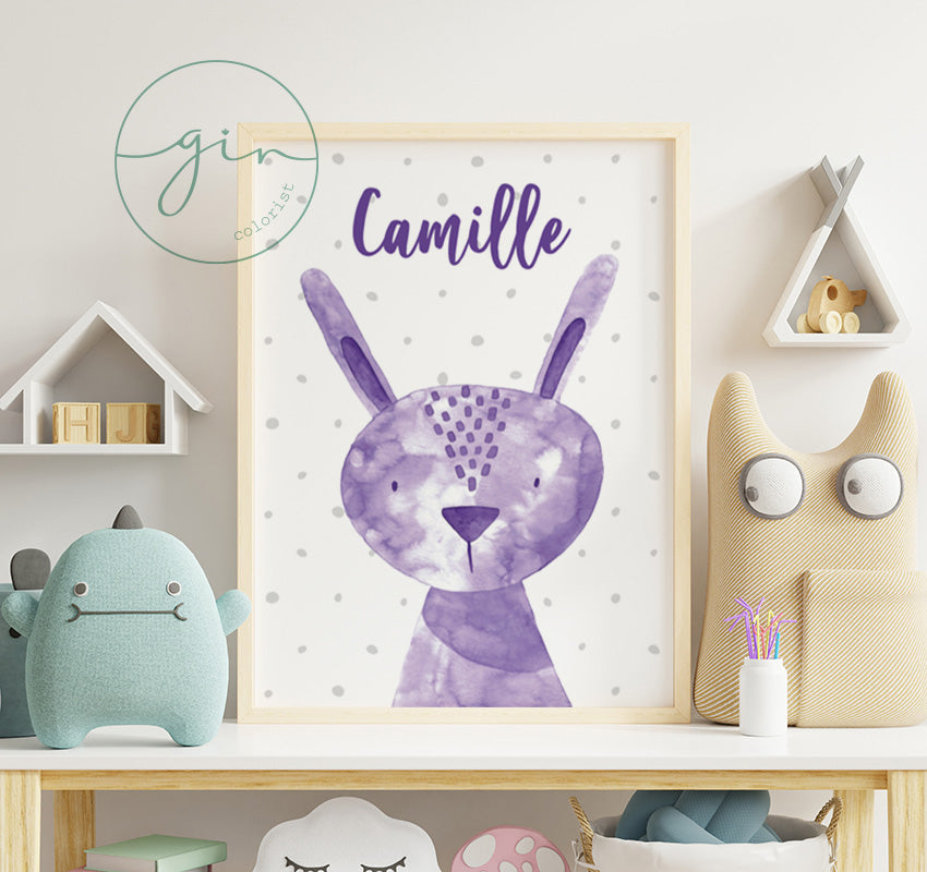 Personalized Purple Watercolor Bunny Print - Magical Nursery Wall Art