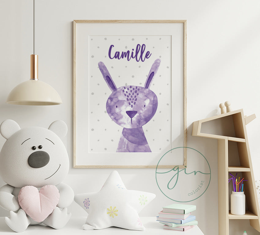 Personalized Purple Watercolor Bunny Print - Magical Nursery Wall Art