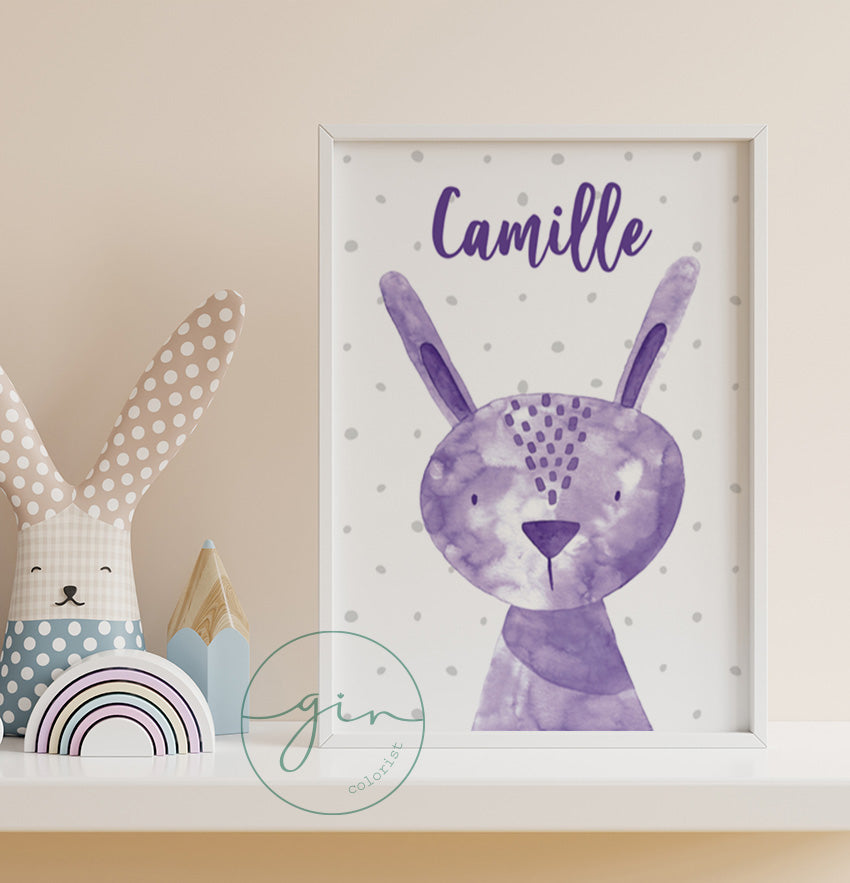 Personalized Purple Watercolor Bunny Print - Magical Nursery Wall Art