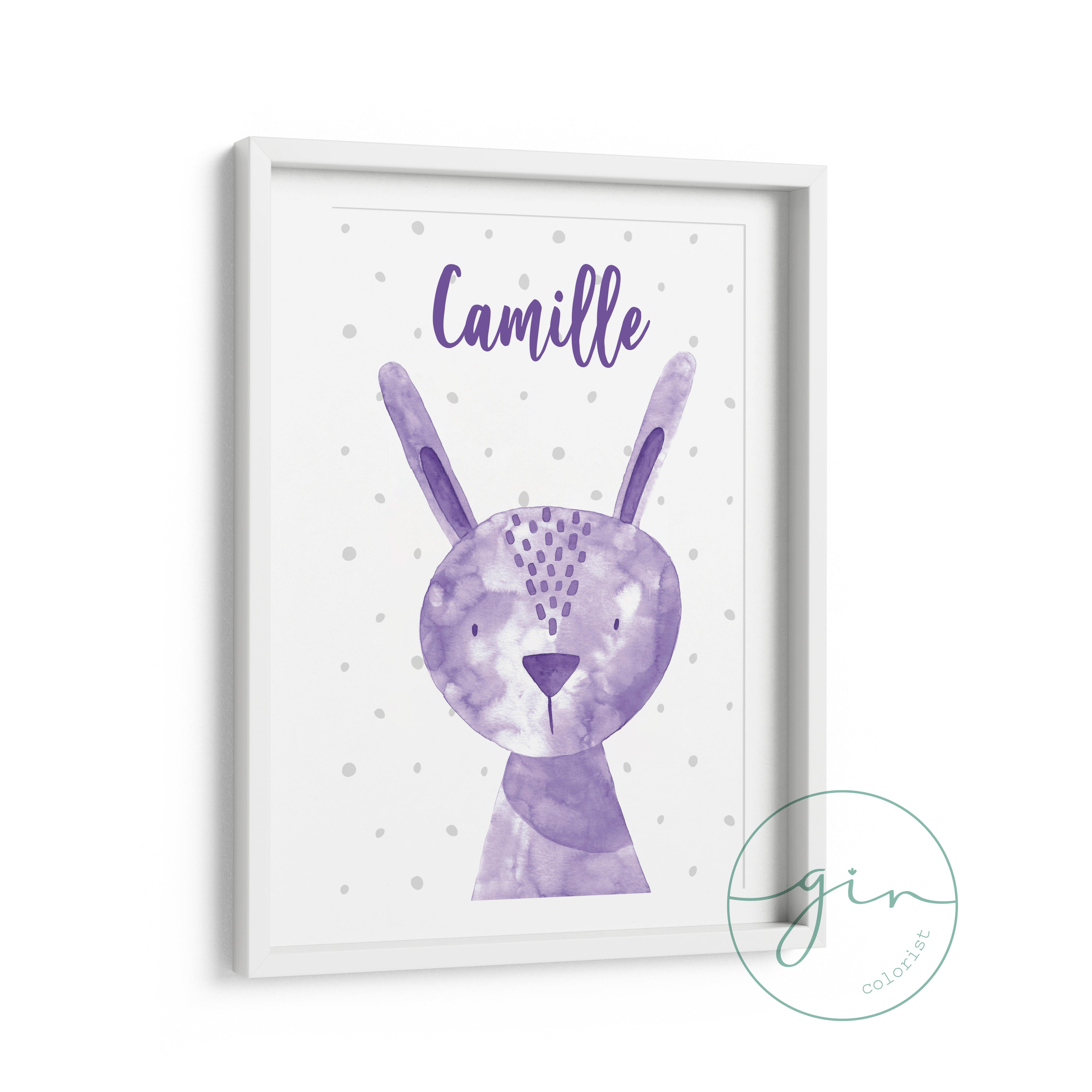 Personalized Purple Watercolor Bunny Print - Magical Nursery Wall Art