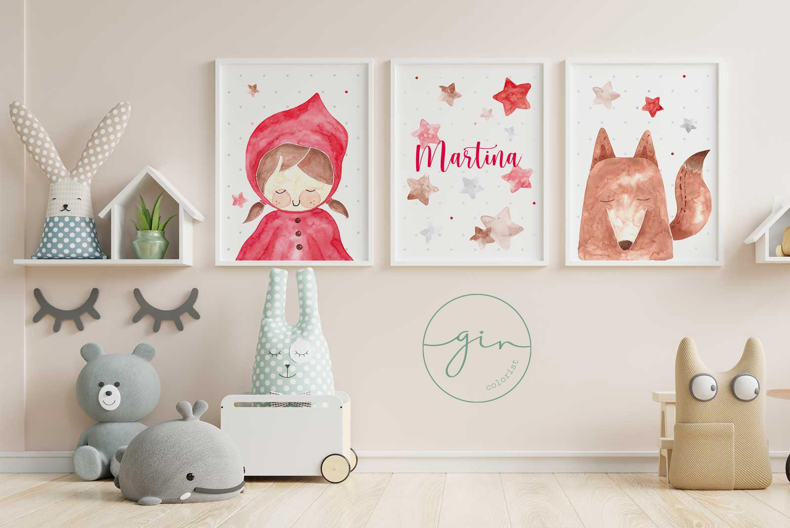 Set of 3 Personalized Watercolor Prints: Little Red Riding Hood & Wolf