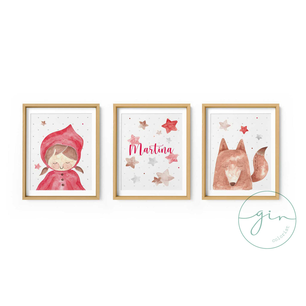Set of 3 Personalized Watercolor Prints: Little Red Riding Hood & Wolf