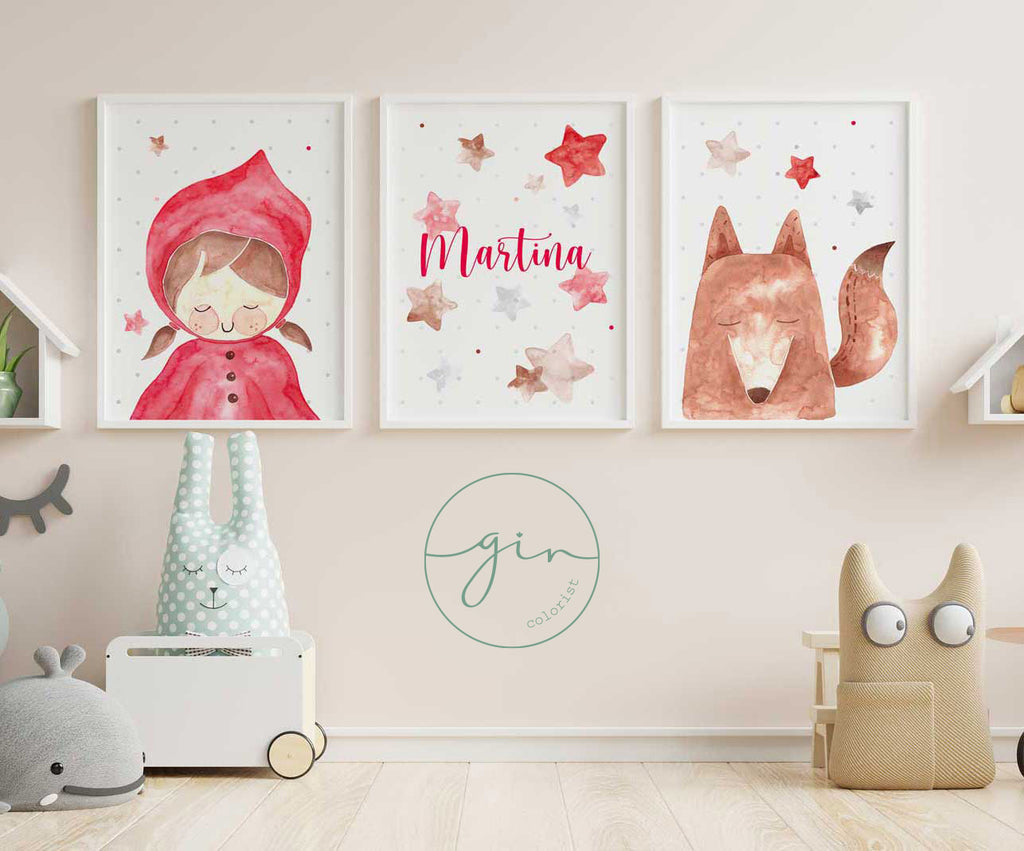 Set of 3 Personalized Watercolor Prints: Little Red Riding Hood & Wolf