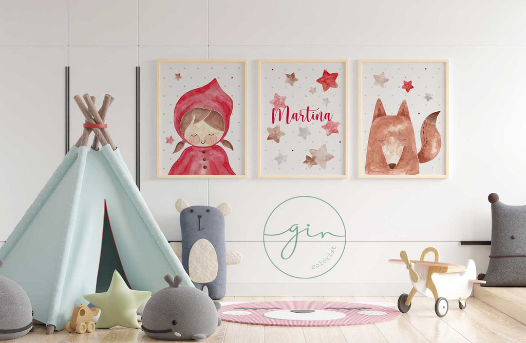 Set of 3 Personalized Watercolor Prints: Little Red Riding Hood & Wolf