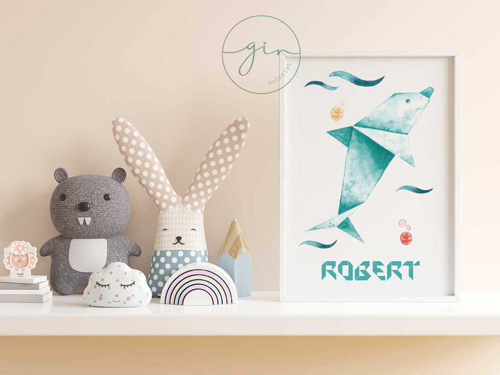 Lámina infantil personalizada delfín origami acuarela ondas turquesa nombre niño GinColorist