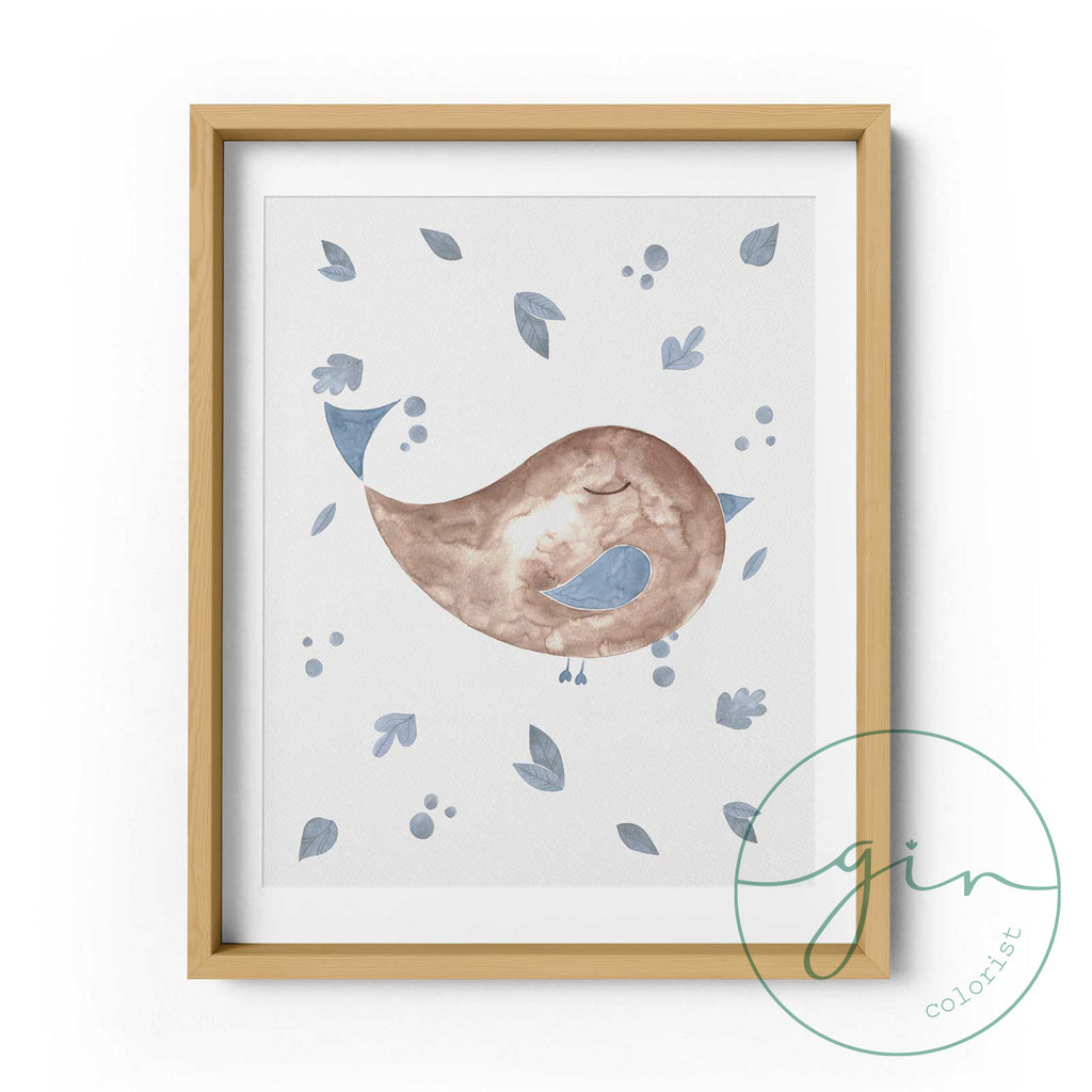 Set of 3 Personalized Watercolor Prints: Blue Woodland Animals (Bird, Owl, Hedgehog)